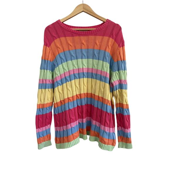 Appleseeds Rainbow Striped Pullover Cable Knit Chunky Sweater Womens Size 1X - Picture 1 of 16